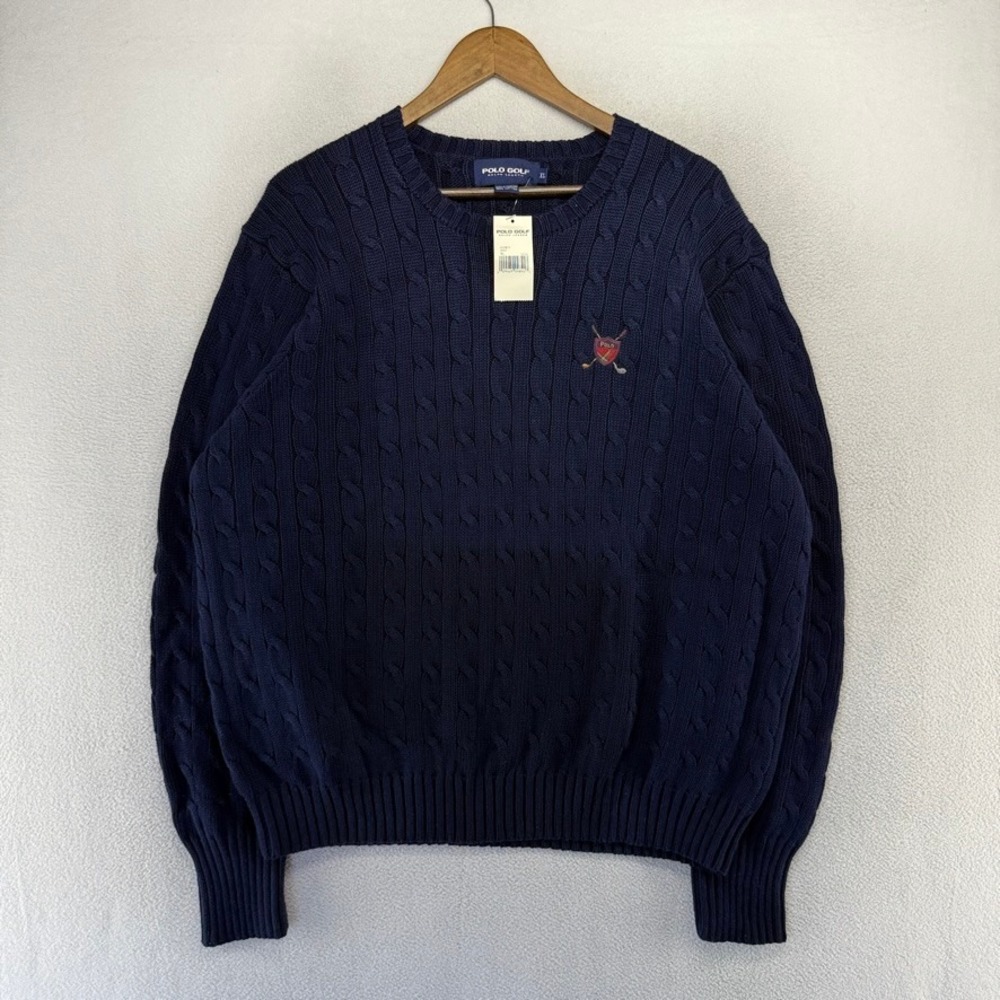 Vintage Ralph Lauren Golf Sweater mens XL Blue Chunky Cable Knit Crest Deadstock
